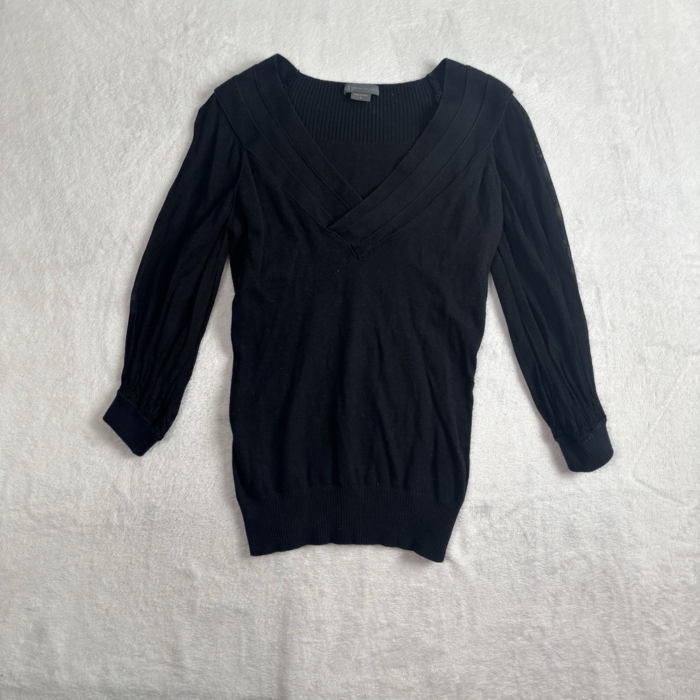 Armani Exchange Black V-Neck Long Sleeve Sweater Women's Small Sheer Sleeves